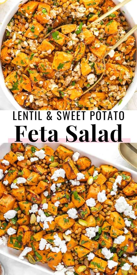 Sweet Paprika Recipes, Sweet Potato Feta Recipes, Lentil Sweet Potato, Sweet Potato Salad Recipe, Potatoe Recipes, Sweet Potato Salad, School Recipes, Vegan Salads, Warm Salad