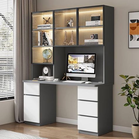 Amazon.com: ALEEIK Home Office Desk with Drawers, Computer Desk with Glass Door Modern Study Writing Desk Compact Office Desk & Workstation(100CM, White) : Home & Kitchen Study Table With Cabinet, Compact Office Desk, Desk And Bookshelf, Table With Cabinet, Hidden Shelves, Compact Office, Desk With Bookshelf, Office Desk With Drawers, Computer Table Design