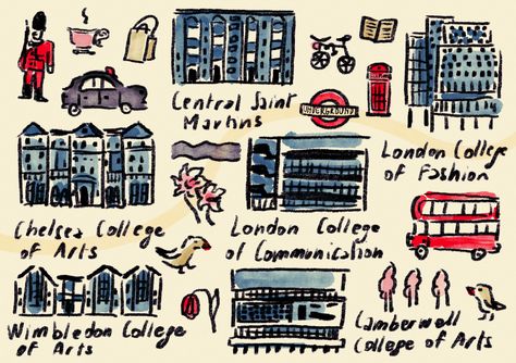 Illustration of UAL 6 Colleges - Central Saint Martins, London College of Fashion, London College of Communication, Camberwell College of Arts, Chelsea College of Arts, Wimbledon College of Arts. London College Of Communication, Ual Central Saint Martins, Ual London College Of Fashion, Ual London, Mind Dump, Camberwell College Of Arts, Fashion London, Map Illustration, London College