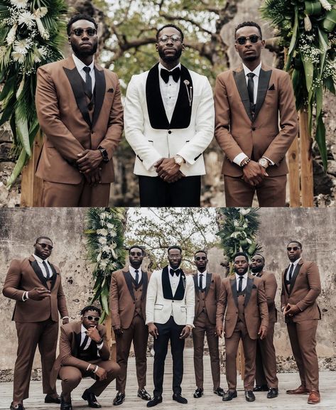 Chocolate Suits For Men Wedding, Luxury Brown Wedding Suit, Brown Tux Groomsmen, Brown Groom And Groomsmen Attire, Brown Black Wedding Theme, Tan And Brown Wedding Colors, Chocolate And Champagne Wedding, White And Brown Groom Suit, Black And Brown Tuxedo Wedding