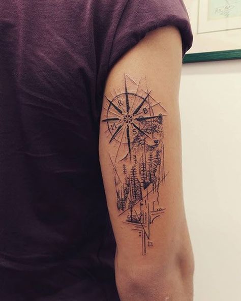 65 Best Arm Tattoos For Men A Compass Tattoo, Tricep Tattoos, Wolf Tattoos Men, Back Of Arm Tattoo, Compass Tattoo Design, Cool Arm Tattoos, Cool Forearm Tattoos, Tattoos For Lovers, Wolf Tattoo Design