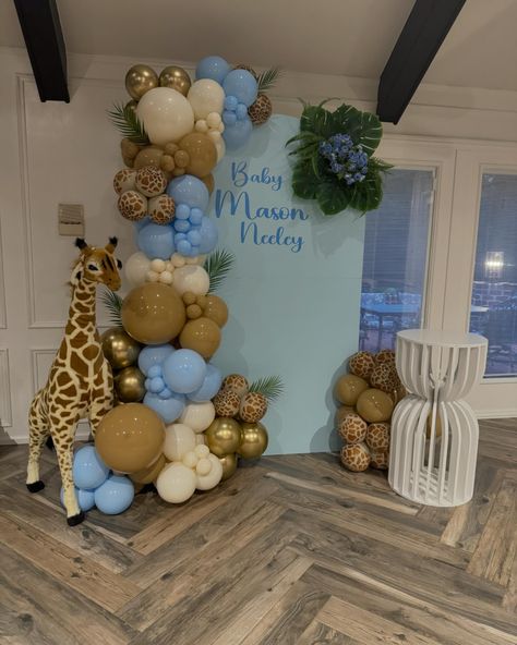 Baby shower 🦒🤍 ✨Thank you to my sweet client for trusting us! • • • • • #babyshower #babyshowerideas #babyboy #giraffe #giraffebabyshower #balloons #balloongarland #balloonsetup #balloondecor #backdrop #customizedsetup #dfwpartyplanner #dfwpartyrentals #dfwrentals #balloonservice #insta Giraffe Baby Shower Theme Boy, Giraffe Baby Shower Theme, Jungle Baby Shower Decorations, Baby Shower Safari Theme, Baby Shower Giraffe, Baby Shower Theme Decorations, Baby Announcement Photos, Giraffe Baby, Jungle Baby Shower