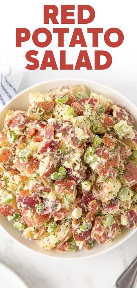 Red Potato Salad Crunchy Onions, Red Skin Potato Salad, Red Potato Salad Recipe, Red Potato Salad, Red Potato, Mustard Vinaigrette, Easy Potato Salad, Creamy Potato Salad, Potato Salad Recipe