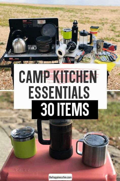 Check out these 30 camp kitchen items for the ultimate camp kitchen | Camp Kitchen Essentials | Car Camping | mobile camp kitchen | camp kitchen | outdoor kitchen | camp food | outdoor meals | the ultimate camping kitchen gear | camping kitchen Camping Kitchen Set Up, Vanlife Ideas, Minivan Conversion, Rv Meals, Boondocking Camping, Camping Cooking Gear, Food Outdoor, Camper Cushions, Camping Projects