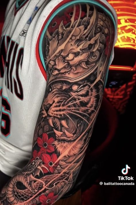 Japanese Tiger Tattoo Sleeve, Japanese Sleeve Tattoos Dragon And Tiger, Japanese Dragon And Tiger Tattoo, Tiger Full Arm Tattoo, Asian Style Tiger Tattoo, Japanese Tiger Tattoo, Tiger Tattoo Sleeve, Japanese Tiger, Dragon Sleeve Tattoos