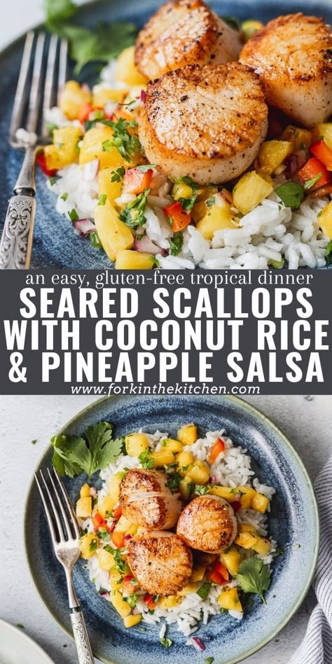 Fish Summer Recipes, Dairy Free Scallops Recipe, Spring Fish Recipes, Thai Scallop Recipes, Summer Scallop Recipe, Tropical Dishes Food, Quick Summer Recipes, Summer Pescatarian Recipes, Gluten Free Spring Recipes