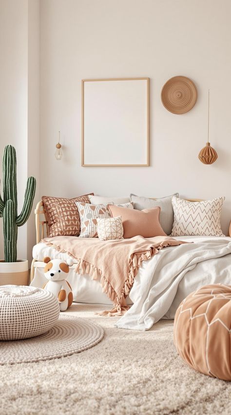 Boho Bedroom Ideas for Kids Boho Girls Bedroom, Shaped Cushions, Girls Boho Bedroom, Earth Tone Bedroom, Boho Girls Room, Bedroom Ideas For Kids, Desert Retreat, Boho Toddler, Neutral Kids Room