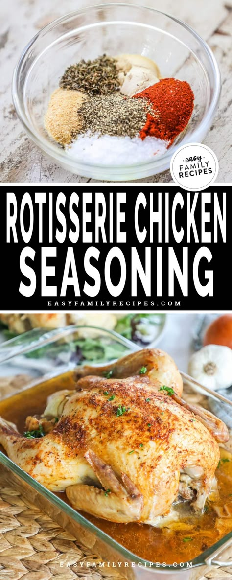 The BEST Rotisserie Chicken Seasoning! This homemade rotisserie seasoning mix uses just 6 ingredients to make the best most flavorful rotisserie chicken. Just mix it together , pat it all over a whole chicken, and cook in your preferred method. You can use this rotisserie chicken seasoning to make a rotisserie style chicken in the crockpot, oven, or even instant pot. It is the perfect homemade seasoning mix to use for lots of flavor like a sams rotisserie chicken or costco rotisserie chicken. How To Make Rotisserie Chicken In Crockpot, Rotisserie Chicken Dry Rub Recipes, Costco Rotisserie Chicken Seasoning, Rotisserie Chicken Spices, Seasoning For Rotisserie Chicken, Rotisserie Chicken Spices Recipes, Rotisserie Chicken Rub Recipes, Whole Chicken Rotisserie Recipes, Rotisserie Chicken Seasoning Rub