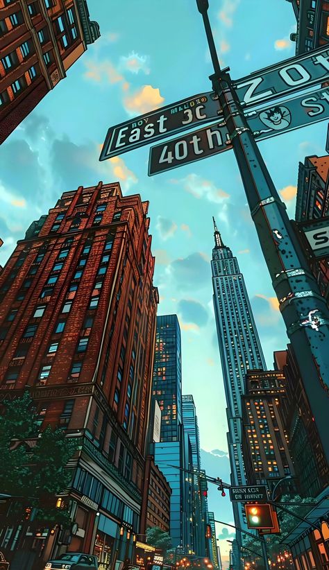 Downtown Art Aesthetic, New York Street Wallpaper, Downtown Aesthetic Wallpaper, New York Illustration Art, New York Anime, Background New York, Wall Scenery, Aesthetic Wallpaper For Phone, New York Drawing