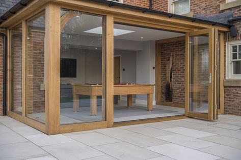 Oak And Glass Extension, Wood Frame Extension, Oak Frame Extension, Wooden Extension Ideas, Wooden Sunroom, Crittal Doors Extension, Oak Extension, Bi Folding Doors, Barn House Conversion