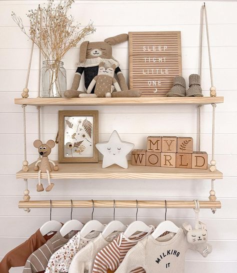 Pine + Pear co - Nursery Decor (@pineandpearco) posted on Instagram: “AVAILABLE NOW!! Our shelves are back to order now. Including our most popular style, this 2 Tier Swing Shelf with Clothes Rail and our OG…” • Jan 21, 2022 at 7:00pm UTC Shelf With Rail, Wooden Letter Board, Kids Shelf, Nursery Shelf Decor, Shelf Nursery, Baby Nursery Inspiration, Kids Shelves, Wood Nursery, Baby Room Neutral