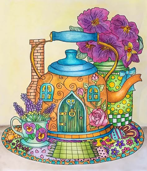 Teapot House Illustration, Teapot House Drawing, Teapot House, Fairytale Creatures, Pan Pastels, Tombow Markers, Fall Canvas Painting, Doodle Art Flowers, Storybook Art