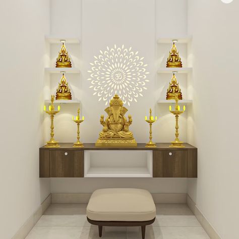 Wall-Mounted Wood And White Mandir Design With Wall-Mounted Shelves And Om Mandala | Livspace Modern Home Mandir Designs, Mandir Design Small Wall, White Mandir Design, Wall Mounted Mandir Design, Pooja Unit Designs, Pooja Design, Mandir Designs, Wallpaper House Design, Om Mandala