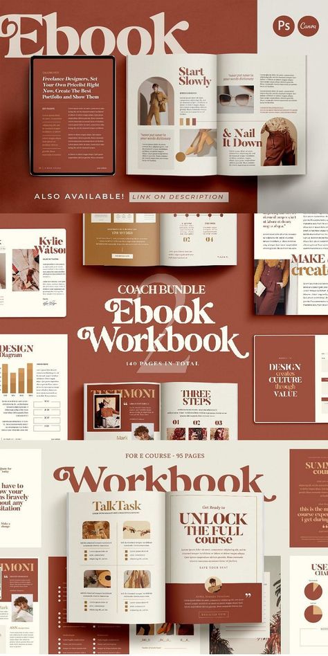 2 in 1 Bundle eBook + Workbook CANVA | PS For Coach (Modern Retro). Create Workbook & eBook styled in retro and vintage through modern minimalist way. Customizeable and perfect for Coaching, Online Teaching, Masterclass Tutoring, All Kind of Webinar, E-courses, and E-exams. Available in Photochop and CANVA version. Get 106 pages of workbook + 52 pages ebook in two formats, A4 and US paper size. This template work best in digital or printed book. Modern Quotes Design, E Book Ideas, E-book Design, Ebooks Design, E Book Design, Ebook Template Design, Module Design, 잡지 레이아웃, Branding Portfolio