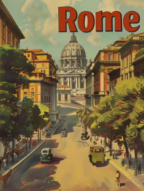 Step into the bustling streets of Rome with our Vintage Rome Cityscape Art Poster, capturing the lively atmosphere that leads to the iconic St. Peter's Basilica. This poster brings to life the essence of Rome, with pedestrians, classic cars, and cyclists all moving along the shaded avenues lined with historic architecture. Vintage Rome, European Landscape, Italian Wall Art, Cityscape Art, Movie Prints, Rome Travel, Vatican City, Historical Architecture, Vintage Wall Decor