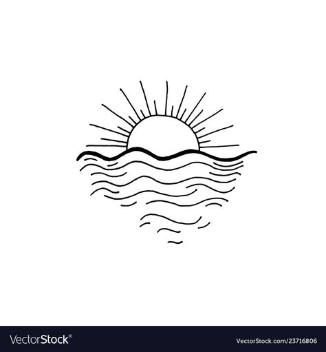 Sunset In The Ocean, Ocean Sketch, Sunrise Drawing, Ocean Drawing, Wave Drawing, Sunset Tattoos, Ocean Backgrounds, Cartoon Character Tattoos, Background Drawing