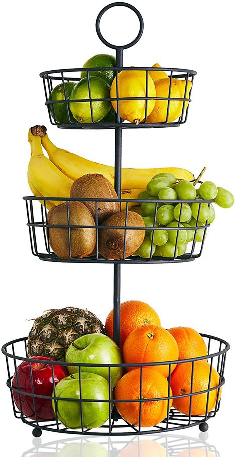 AmazonSmile: 3 Tier Fruit Basket - French Country Wire Basket by Regal Trunk & Co. | Three Tier Fruit Basket Stand for Storing & Organizing Vegetables, Eggs, and More | Fruit Basket for Counter or Hanging (3 Tier): Kitchen & Dining 3 Tier Basket Stand, Tiered Basket Stand, Smart Home Ideas, Produce Baskets, Tiered Fruit Basket, Wire Fruit Basket, Basket Stand, Hanging Fruit Baskets, Fruit Holder