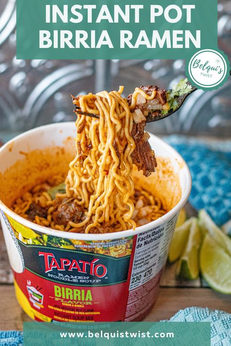 Dive into the savory world of this Instant Pot Beef Birria Ramen! A symphony of tender beef, rich spices, & noodles, ready in minutes. Your ultimate comfort food awaits – quick, tasty, & soul-soothing. Birria Noodle Bowl, Mexican Ramen, Instant Pot Birria, Birria Ramen, Beef Birria, Del Taco, Crock Pot Tacos, Ramen Soup, Potted Beef