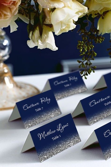 Navy and Silver Glitter Tent Place Cards Place Cards Avery | Etsy | Blue wedding decorations, Blue themed wedding, Blue silver weddings Royal Blue Wedding Theme, Blue Silver Weddings, Blue Wedding Decorations, Glitter Wedding Invitations, Royal Blue Wedding, Blue Themed Wedding, Place Card Template, Winter Wonderland Wedding, Future Wedding Plans