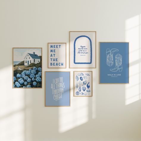 Bring a fresh, coastal vibe to your space with our Christian Girl Gallery Set of 6, perfectly blending beach room decor with spiritual inspiration. Each poster, adorned in shades of blue and pink, features uplifting Bible verses, making this preppy and trendy collection a wonderful Christian gift. Ideal for adding a touch of seaside serenity and youthful charm to any room. Be sure to check out our shop olkeningpress.etsy.com to discover more amazing art that you will love!  This Product Is An Im East Coast Wall Art, Blue Room Decor Ideas, Bedroom Wall Art Ideas, Trendy Wall Prints, Beach Room Decor, Coastal Room, Pink Preppy, Beach Room, Dorm Posters