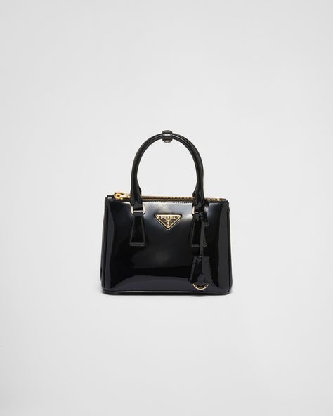 Black Prada Galleria Patent Leather Mini Bag | PRADA Black Designer Bags, Prada Galleria Bag, Prada Galleria, Leather Mini Bag, Prada Collection, Bag Prada, Triangle Logo, Small Purse, Nylon Bag