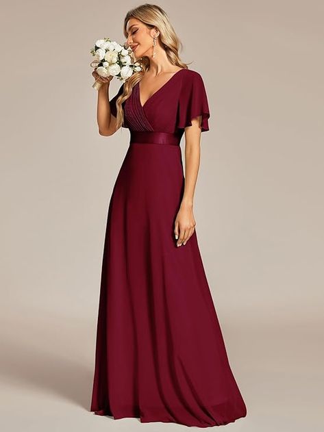 Ever-Pretty Women's Formal Dress Short Sleeve V-Neck Evening Dress Floor Length Mother of The Bride Dress 09890 Flowy Bridesmaid Dresses, Tulle Bridesmaid Dresses, Empire Waist Evening Dress, Empire Waist Bridesmaid Dresses, Tulle Bridesmaid, Purple Bridesmaid, Black Bridesmaids, Beautiful Bridesmaid Dresses, Tulle Bridesmaid Dress