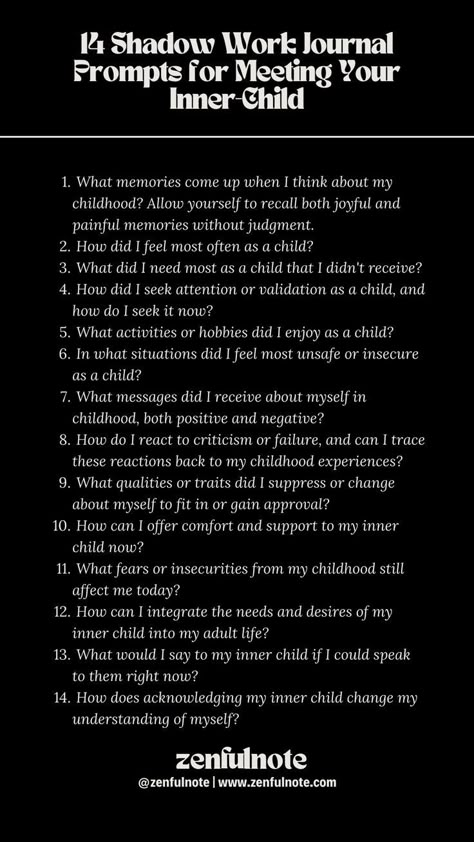 Meeting and nurturing your inner child through shadow work involves recognizing and healing the parts of yourself that may have been neglected, hurt, or misunderstood in childhood. This process can help resolve past traumas, build self-compassion, and foster a sense of inner peace. Engaging with your inner child through these questions can be a deeply emotional and transformative process. Approach this work with patience, kindness, and an open heart, allowing space for healing and growth. Work Journal Prompts, Shadow Work Journal Prompts, Mindfulness Journal Prompts, Shadow Work Journal, Journal Questions, Journal Inspiration Writing, Healing Journaling, Mental Health Facts, Work Journal