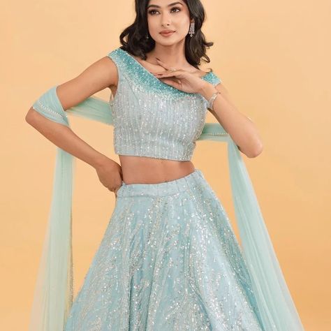 "Dive into a Sea of Blue Elegance! 💙 Our breathtaking blue lehenga collection is here to make waves in your wardrobe! Whether it's a dreamy destination wedding or a glamorous gala, these mesmerizing hues will steal the show. From serene sky blues to deep navy tones, find your perfect shade of elegance. Embrace the allure of blue and let your style shimmer like the ocean waves . . . Outfit By: @bhasin.brothers.lucknow Shop Now: www.mohifashion.com . . . . . . . #lehnga #indianwedding #haldice... Luxury Light Blue Designer Lehenga, Designer Blue Semi-stitched Lehenga, Semi-stitched Light Blue Lehenga For Party, Luxury Light Blue Semi-stitched Lehenga, Ocean Blue Lehenga, Haldi Dress, Orange Lehenga, Bridesmaid Lehenga, Celebrity Inspired Outfits