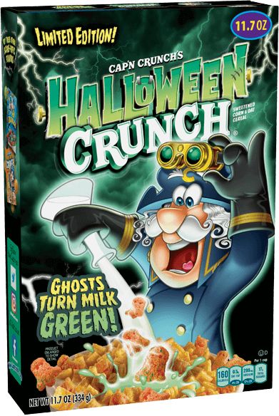 Halloween and Cap’n Crunch fans, get ready for some spooky fun with Cap'n Crunch's Halloween Crunch Cereal! It turns milk green to get you into a ghoulish mood. Crunch-a-tize Halloween this season! *Product formulations, packaging and promotions may change. For current information, refer to packaging on store shelves. Halloween Cereal, Cap'n Crunch, Squishy Ideas, Capn Crunch, Spooky Food, Crunch Cereal, Oats Quaker, Store Shelves, Horror Stuff