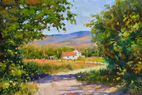 Countryside Paintings, Farmhouse Paintings, Countryside Landscape, Media Landscape, Impressionist Landscape, Countryside House, Watercolor Landscape Paintings, French Countryside, House Landscape