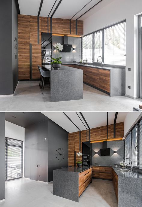 Gray And Wood Kitchen, Wood Kitchen With Island, Black And Wood Kitchen Cabinets, Black And Wood Interior, Black And Grey Kitchen, Modern Grey Kitchen, Modern Kitchen Design Grey, Hidden Lighting, Under The Stairs