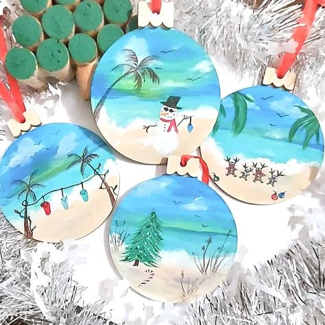 Diy Tropical Christmas Ornaments, Surfboard Ornaments Diy, Tropical Christmas Crafts, Beach Ornaments Diy Coastal Christmas, Hand Painted Seashells, Diy Painted Ornaments Christmas, Christmas Shells, Tropical Christmas Decorations, Tropical Christmas Ornaments