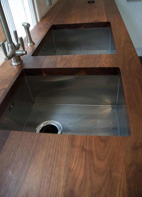 American Black Walnut worktop with undermounted sinks Dark Wood Worktop, Polished Black Walnut Countertops, Butchers Sink, Dark Wood Countertops Kitchen, Walnut Countertop Kitchen, Walnut Kitchen Countertop, Wooden Benchtop Kitchen, Kitchen Wood Worktop, Walnut Worktop Kitchen