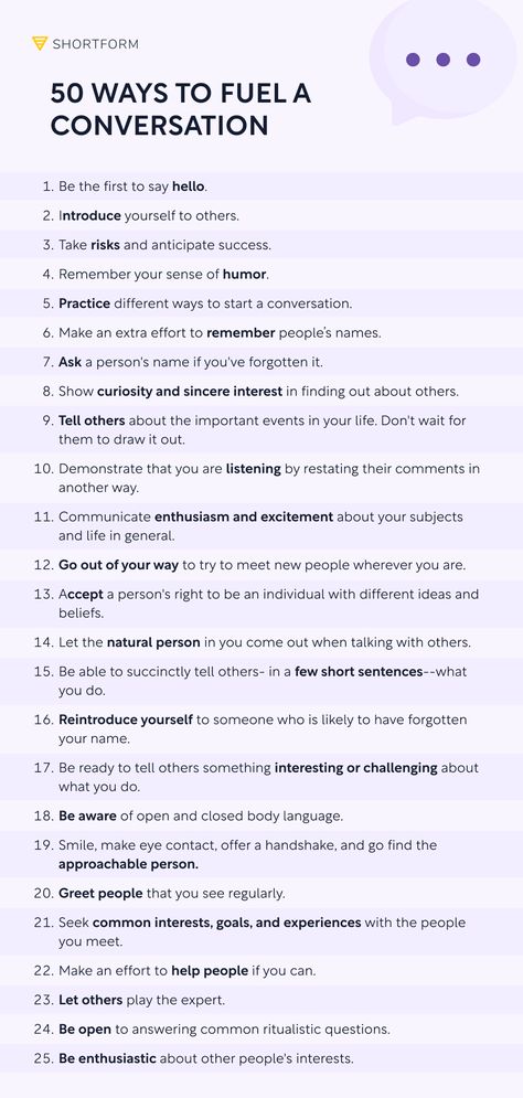 Never run out of things to say with this small talk cheat sheet! And get more communication tips with our summary of The Fine Art of Small Talk by Debra Fine! How To Overcome Shyness, Nonviolent Communication, Communication Book, Communication Tips, How To Talk, How To Improve Relationship, Small Talk, Active Listening, Teen Life