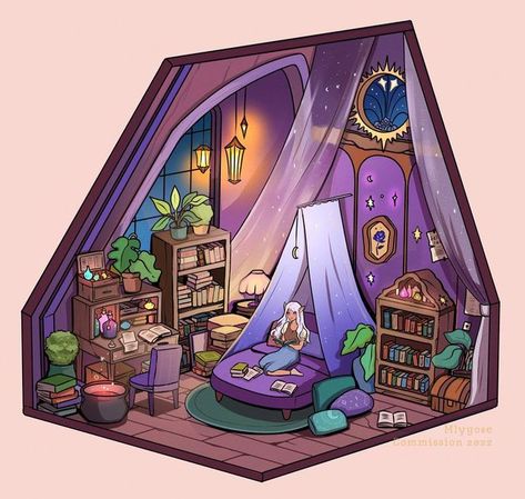 maddy✨ on Instagram: "recent commission for @/ladybugwee 💕✨✨💫🌙✨ . . . . #commission #isometricart #backgroundart #environmentart #isometricdesign" Fantasy Room Concept Art Magic, Witch Room Aesthetic Drawing, Fantasy Dorm Room, Magic Bedroom Concept Art, Fantasy Bedroom Concept Art, Dorm Room Concept Art, Bedroom Concept Art, Fantasy Dorm Room Concept Art, Wizard House Interior Concept Art