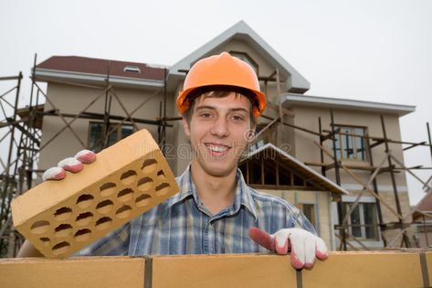 Bricklayer. The mason holds a brick in a hand. A builded house , #ad, #holds, #mason, #Bricklayer, #brick, #house #ad House Image, Brick House, Digital Illustrations, Digital Illustration, Hold On, Stock Images, Stock Photos, Illustrations, Orange