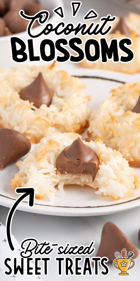 Coconut Blossoms Coconut Blossoms, Kiss Cookie Recipe, Coconut Cookies Recipes, Coconut Baking, Tropical Desserts, Almond Meal Cookies, Fluff Desserts, Blossom Cookies, Coconut Desserts