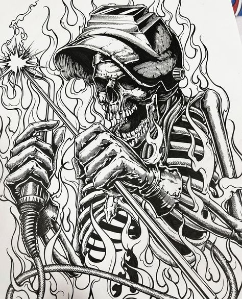 Welder Tattoo, Welding Tattoo, Gothic Drawings, Nouveau Tattoo, Skull Sleeve Tattoos, Western Artwork, Monster Coloring Pages, Western Tattoos, Lowrider Art