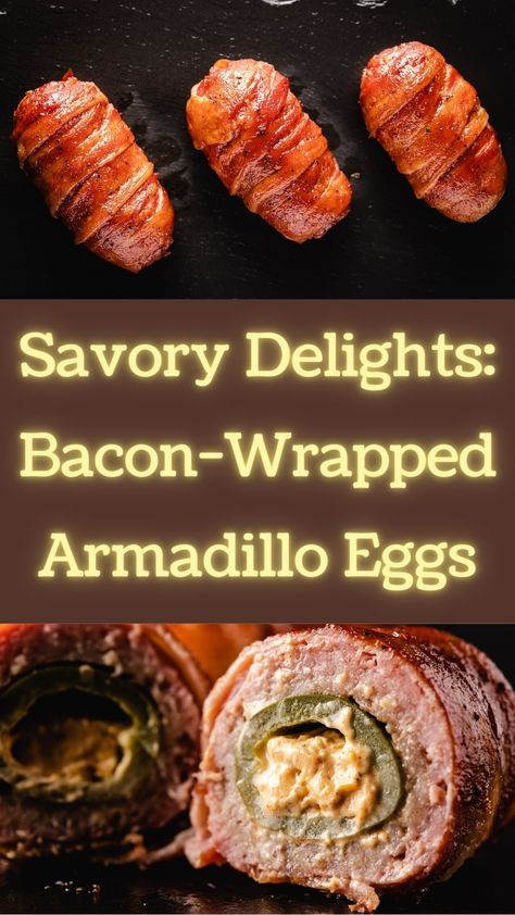 Savory Delights: Bacon-Wrapped Armadillo Eggs Armadillo Eggs, Football Party Food, Bacon Wrapped, Crispy Bacon, Appetizer Dips, High Protein Recipes, Meat Dishes, Protein Foods, Egg Recipes