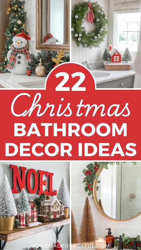 christmas bathroom decor ideas Cute Christmas Bathroom Decor, Christmas Bathroom Decorations Ideas, Small Bathroom Christmas Decor Ideas Simple, Simple Christmas Bathroom, Powder Room Christmas Decor Ideas, Guest Bathroom Christmas Decor Ideas, Christmas Powder Room Decor, Christmas Half Bath Decor, Bathroom Xmas Decor Ideas