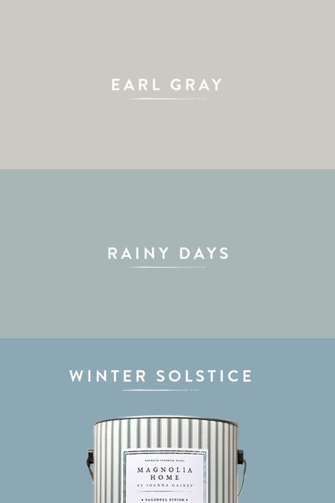 Cozy up this season with a quick & easy paint color change that will transform your home with inspiration from Joanna Gaines. Earl Gray is a light pale gray. Rainy Days is a powder blue with a slight overcast gray tint. Winter Solstice is a washed denim blue. Find these shades, and more, online or in stores. Rainy Days Paint Color, Joanna Gaines Paint, Cool Winter Color Palette, Magnolia Paint, Timeless Color Palette, Lakeside Living, House Color Palettes, Winter Color Palette, Bedroom Wall Colors