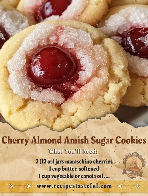 FAMILY RECIPES COMMUNITY | Cherry Almond Amish Sugar Cookies | Facebook Cherry Almond Amish Cookies, Cherry Almond Sugar Cookies, Amish Christmas Recipes, Maraschino Cherry Cookies Recipes, Cherry Almond Amish Sugar Cookies, Peach Sugar Cookies, Amish Cookies, Amish Sugar Cookies, Almond Sugar Cookies