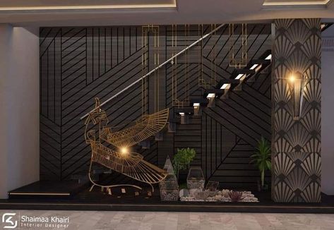 Modern living interior design Egyptian theme New Classic Interior, Egyptian Furniture, Egyptian Home Decor, Egypt Design, Egyptian Theme, Ancient Egyptian Architecture, Living Interior Design, Staircase Interior Design, Tropical Interior Design