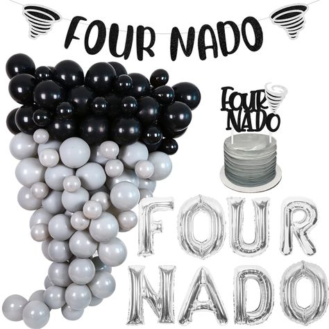 PRICES MAY VARY. Package Includes: You will get a rich 4th birthday party package, 1 set of “FOUR NADO” foil balloons 16 inches, 1pc “FOUR NADO” banner, 1pc “FOUR NADO” cake topper, 60pcs latex balloons 12 inches, 16pcs latex balloons 5 inches, 1pc balloon tape strip, 100 adhesive dispense. It could meet all your needs! Four-nado Birthday Party Decorations: This special balloon garland kit is black and silver, the silver “FOUR NADO” foil balloons, cake topper and banner create a eye-catching sce Twonado Birthday Party, 4th Birthday Party For Boys, 2nd Birthday Party For Boys, 2nd Birthday Boys, Boys First Birthday Party Ideas, Baby Birthday Themes, Second Birthday Ideas, Boy Birthday Party Themes, 2nd Birthday Party Themes