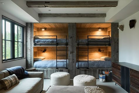 This Summer-Camp Cabin Is a Study in Cozy Surprises Bunk Room Ideas, Modern Cabin Interior, Bunk Bed Rooms, Luxury Log Cabins, Modern Bunk Beds, Bunk Beds Built In, Built In Bunks, Bunk Rooms, Cabin Interiors