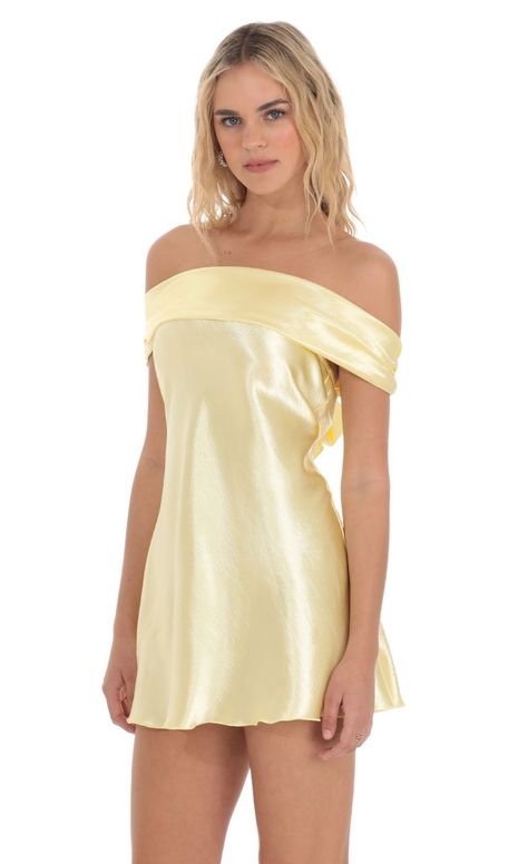 Satin Off Shoulder Dress in Yellow | LUCY IN THE SKY Hoco Dress With Sleeves, Satin Off Shoulder Dress, Yellow Hoco Dress, Yellow Homecoming Dresses, Upf Clothing, Semi Dresses, Hoco Dress, Casual Day Dresses, Straight Dress