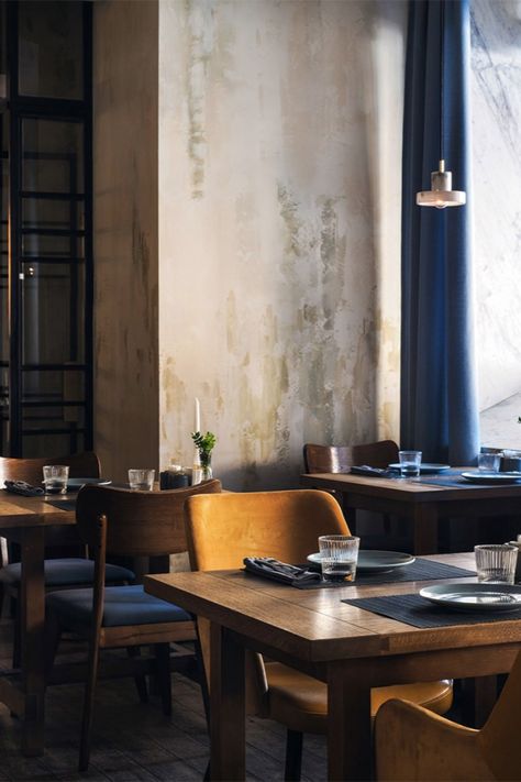 Moody Colour Palette, Russian Restaurant, Mediterranean Restaurant, Eating Table, Architectural Designer, Communal Table, Restaurant Photography, Wall Table, Elegant Furniture