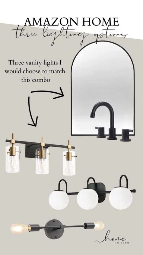 Black And White Bathroom Lighting, Bathroom Vanity Lighting One Sink, Bathroom Light Fixtures Over Mirror Black, Black Oval Bathroom Mirror, Black Mirror Gold Light Bathroom, Bathroom Vanity Lights Over Arched Mirror, Bathroom Arched Mirror And Lighting Ideas, Vanity With Arched Mirror, Modern Black Bathroom Faucet