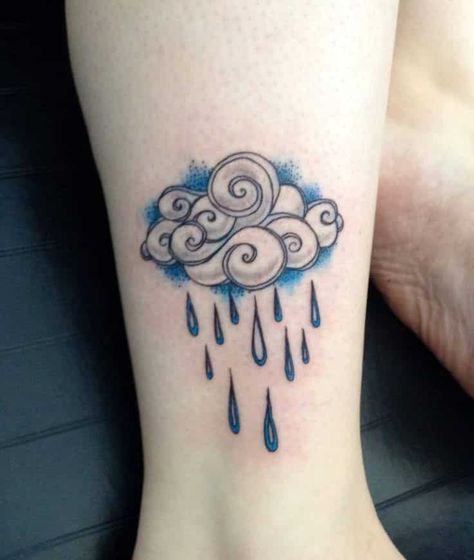 Another minimalist piece of art that shows rain that pours from the cloud. As a symbol, water-bearing cloud is an archetypal man principle that represents a powerful force prepared to impregnate the earth. With its blue color, this tattoo shows the eternal life that water gives us.  #tattoos #tattoofriday #tattooart #tattoodesign #cloudtattoo #cloudtattooshading #cloudtattoosidea #cloudtattoodesign Rain Cloud Tattoos, Castle Tattoos, Cloud Tattoos, Berg Tattoo, Cloud Tattoo Design, Rain Tattoo, Umbrella Tattoo, Clouds And Rain, Kunst Tattoos