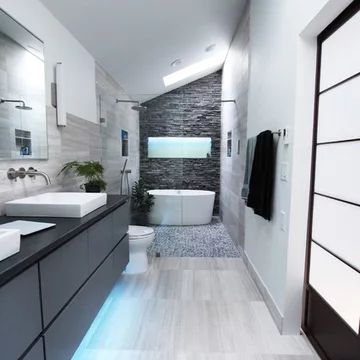 Makeover Kamar Mandi, Master Bath Design, Small Bathroom Layout, Small Floor Plans, Narrow Bathroom, Contemporary Bathroom Designs, Trendy Bathroom, Bad Design, Bathroom Countertops